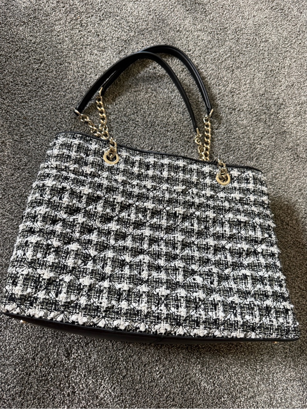kate spade Black and White Tweed Shoulder Bag with Gold Chain